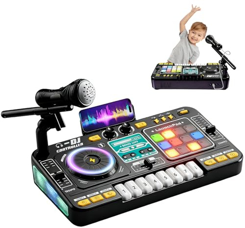 DJ Mischpult für Kinder 3-10 Jahre, Kinder DJ Pult Bluetooth Interaktives Musik-Lernspielzeug DJ-Pult mit Mikrofon, Licht, Klaviertasten, 100+ Soundeffekten Akku Kinder DJ Controller (Schwarz)