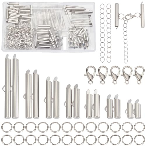 CREATCABIN 630 cierre Deslizante de Tubo Plateado con Anillas de Salto, Pinzas de Langosta, Extensor de Cadena de Metal, Cordón de Hierro, Tapas de Tubo, Kits de Barra de Telar de Cuentas para Joyería