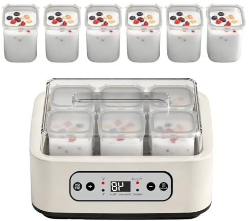 Yogurtera eléctrica de 20 W, máquina para Hacer Yogur eléctrica de 1,5 l con 6 frascos de Vidrio, Temperatura y Temporizador Ajustables, Control preciso de Temperatura, yogurtera Multifuncional para