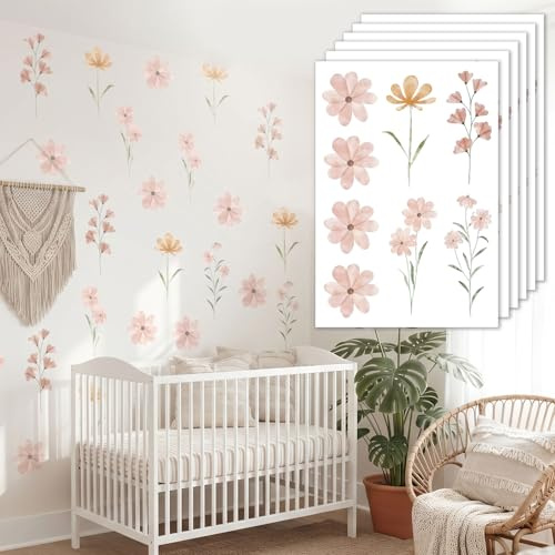 Floruvia 48 Piezas Pegatinas Florales Boho, decoración de Pared con Margaritas para Habitaciones de niñas, Salas de Juegos y Habitaciones Infantiles, Adhesivo removible