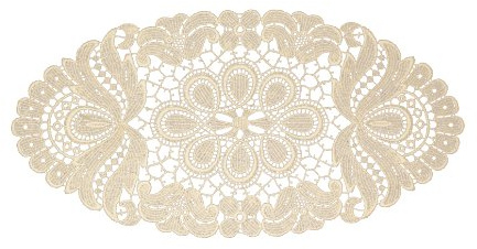 Plauener Spitze Kleine Tischdecke Original No. 67952_e_1530 - Design Plauen, Gr. 15 x 30 cm oval, Farbe Champagner, in Handstickerei komplettiert, Bio-Baumwolle