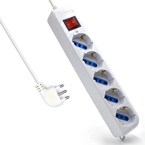 Multipresa a 5 Posti, Ciabatta Elettrica con 5 Prese Italiane 10A/16A e Schuko (Tedesche) - Spina Italiana 16A - Potenza 250V/2500W - Cavo da 1,5 Metri, Prese Angolate a 45°