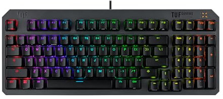 ASUS TUF Gaming K3 Gen II keyboard with compact 97-key layout, optical-mechanical RGB switches, silicone-gasket mount, dampening foam, IP57 waterproofing, detachable top plate, Aura Sync | UK Layout