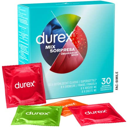 Durex Überrasch Mich Kondome-Mix – Mischung mit 4 verschiedenen Kondom-Sorten zum Ausprobieren – 30er Pack (1 x 30 Stück)
