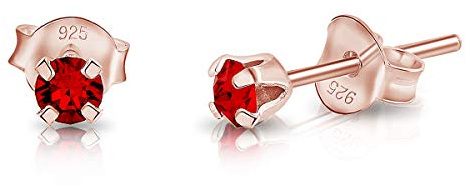 Pendientes de Botón Plata Ley 925 Chapados Oro Rosa 18K on Cristales Brillantes Rojos 3 mm - Pendientes Pequeños Oro para Mujer - Punto de Luz Hipoalergénicos