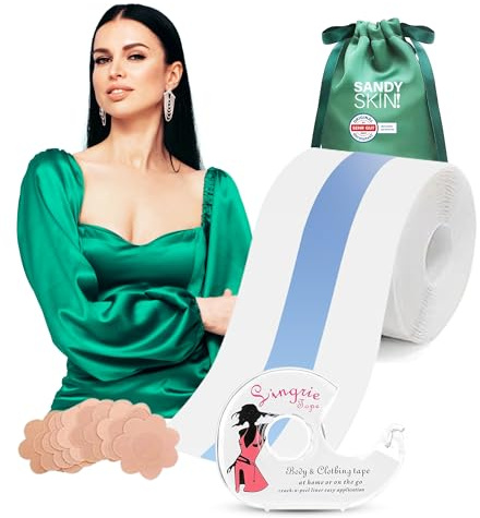 Sandy Skin® Premium Boob Tape + GRATIS 5 Paar Nippelpads + Doppelseitiges Klebeband – Brust Tape – Busentape - Klebe Push-Up BH – Booby Tape für große Brüste – Rückenfreier BH A-G