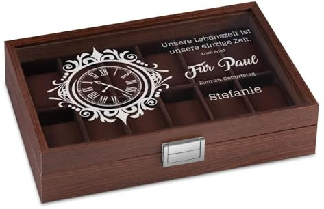 Maverton Uhrenbox mit Gravur für 12 Uhren - Uhrenkasten aus Holz - 31x21x7,5cm - Magnetverschluss - für Herren - zum Geburtstag - zu Weihnachten - Farbe: Weinrot - Zifferblatt