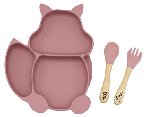 Assiette et couverts pour enfant personnalisé en bois et silicone en forme de renard ou d'écureuil, idée cadeau naissance, baptême, noël pour bébé