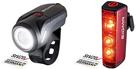 SIGMA SPORT - Aura 35 | LED Fahrradlicht 35 Lux | StVZO zugelassenes, akkubetriebenes Vorderlicht & - Blaze | LED Fahrradlicht | StVZO zugelassenes, akkubetriebenes Rücklicht mit Bremslicht