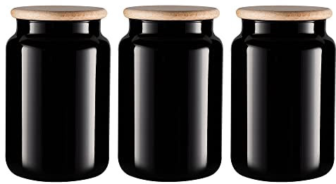 TREND FOR HOME Vorratsgläser 900 ml Set von 3 Vorratsdosen Schwarz Glas Glasbehälter mit Deckel aus Holz Behälter für das Badezimmer Aufbewahrungs Gläser Tupferbehälter | H: 15 cm | ⌀ 10 cm | Carissa