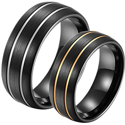 Bagues de couple assorties en tungstène pour homme - 8 mm - Noir brossé - Avec rainure - Cadeau de fiançailles pour femme, T 1/2 for women, T 1/2 for Men, Tungstène