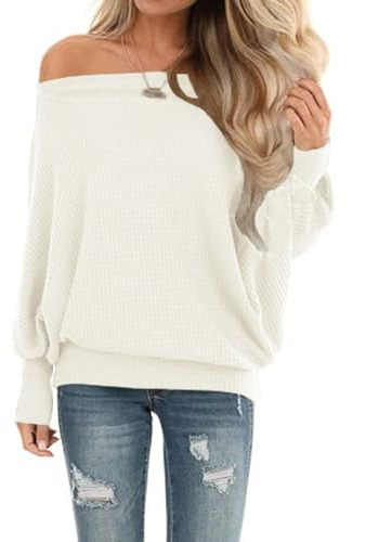 Dressmine Womens Off Shoulder Long Sleeve Tops Waffle Knit Sweatshirt Loose Pullover Sweaters Jumper White Medium