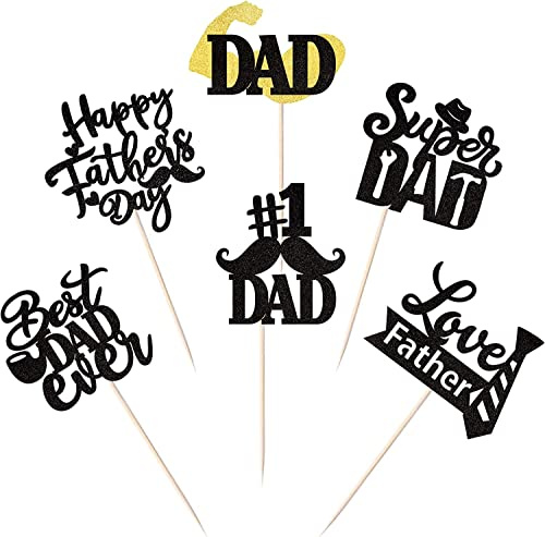 24 Stück Happy Father's Day Tortendeko Glitzer Best Dad Ever Kuchen Deko Love Father #1 Dad Tie Moustache Hat Glass Cupcake Toppers für Father's Day Thema Party Geburtstag Cake Decoration Schwarz
