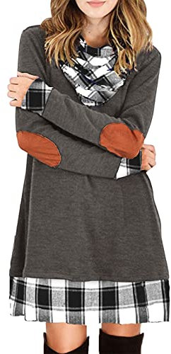 Alaster Queen Freizeitkleider für Damen A-Linie Langarm Herbstkleid Trendy Casual Plaid Cowl Neck Winter Damen Langarm Kleid Pullover Weiß/Schwarz Kariert XL