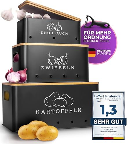 TWOBERRY Kartoffel Aufbewahrungsbox (3er Set) inkl. Sparschäler- längere Haltbarkeit durch Luftzirkulation-ideale Zwiebel Aufbewahrung Kartoffel Aufbewahrung Eckig (Schwarz)