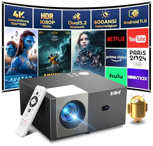 Projektor mit Google TV, XGODY Sail2 600ANSI Elektrischer Fokus Smart Beamer Nativ 1080P Bluetooth WLAN Projektor 4K Unterstützung Auto Korrektur Heimkino mit Stick vorinstalliert Netflix 7000+ Apps.