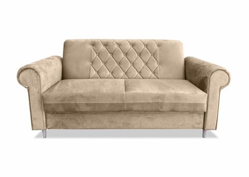 Ares Meble Roma Sofa 201x90 cm - Zweisitzer Sofa - Samt Sofa Glamour - Mini Couch - Wohnzimmer Sofa - Gästesofa mit Armlehne - Couch für Wohnzimmer - 2er Sofa - Beine Weiß - Beige