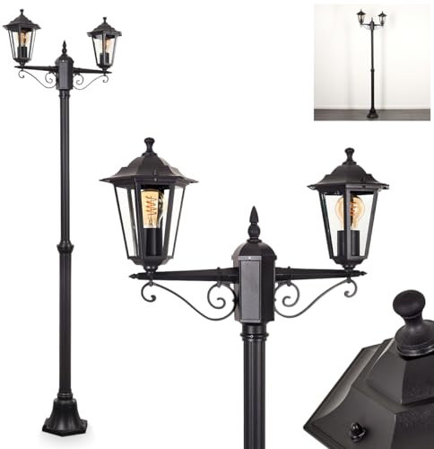 Lampada da esterni Loria, lampada da sentiero in metallo/vetro in nero/trasparente, a 2 luci, effetto antico, altezza max. 200 cm, illuminazione da giardino IP44, 2 lampadine E27, senza lampadina