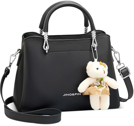 DORRISO Elegant Damen Klein Henkeltasche Mode Umhängetasche Handtasche mit Niedlichem Bären-Anhänger Schultertasche für Reise Einkaufen Arbeit Urlaub Business PU Leder Frauen Tasche Tote Schwarz