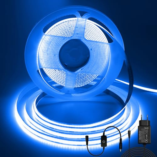 ShineBurky 12V COB LED Strip Blau, 5M LED Streifen Dimmbar CRI93+ | Breite 8mm Flexibel Schneidbar LED Strip Light für TV Hintergrundbeleuchtung Küche Schlafzimmer Deko (mit Netzteil)
