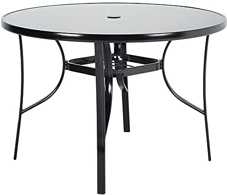 The Fellie Garden Table Outdoor Dining Table with Parasol Hole Tempered Glass Top Coffee Table Patio Table (Round-105 x 105 x 70.5cm)