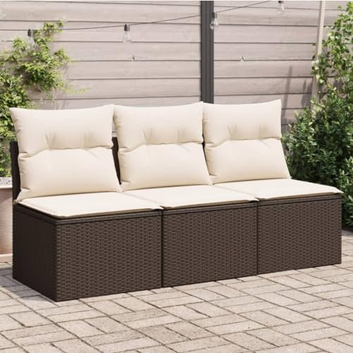 Homgoday Gartensofa mit Kissen 3-Sitzer Balkonmöbel Balkonsofa Mittelsofa Lounge Terrassensofa Rattansofa Loungesofa Gartenmöbel Sitzgruppe Terrassenmöbel Poly RattanBraun und Cremeweiß