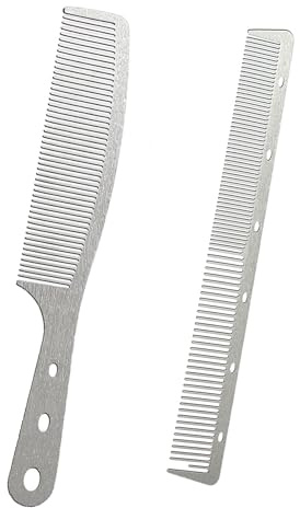 Dolmifapro 2 Pcs Metal Comb, Stainless Steel Fine Tooth Comb, Unbreakable Teeth Design, Anti Static comb, Heat Resistant, Professional Barber Comb Set, hair combs for men, Wood Grain Design