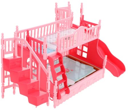 TOYANDONA Doll Bunk Bed - Pink Dollhouse Bed with Ladder Stair and Slide for Baby Doll Miniature Dollhouse Furniture Accessories