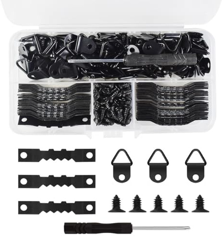 XKSOCT 251 piezas Colgador Cuadros,Fijaciones para Cuadros,Cuelga Facil Ganchos,Ganchos Dientes de Sierra,con Caja Plastica y Tornillo,Para Marcos de Cuadros,Obras de Arte (Negro)