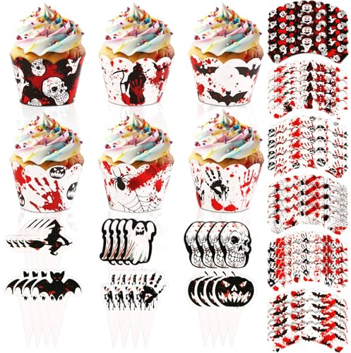 48 Stück Kuchenaufsatz Halloween und -Wrapper, Happy Halloween-Geburtstagskuchen-Topper Dekorationen Horror Geist Kürbis Fledermaus Spinne Cupcake-Picker für Halloween Themenparty Eventzubehör