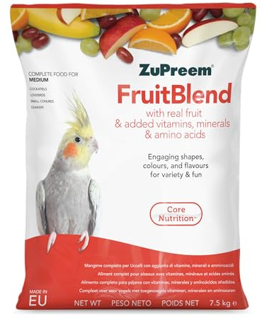 Zupreem Multifruktfoder för sällskapsfåglar - frukt och vitaminer - fågelfoder lämplig för kärleksfåglar, NINFA-kakaduor, argentinska korv och andra medelstora fåglar - 7,5 kg