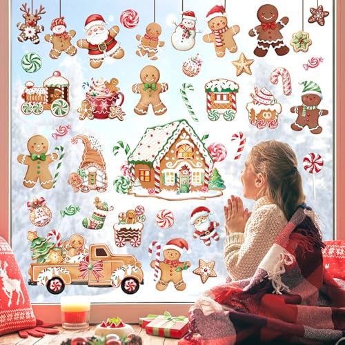 decalmile Fensterbilder Xmas Lebkuchenmann Süßigkeitenhaus Fensteraufkleber | Statische Anti-Kollision Fensterdeko, Beidseitiger Druck, auf Beiden Seiten klar Sichtbar, Wasserdicht, Abnehmbar