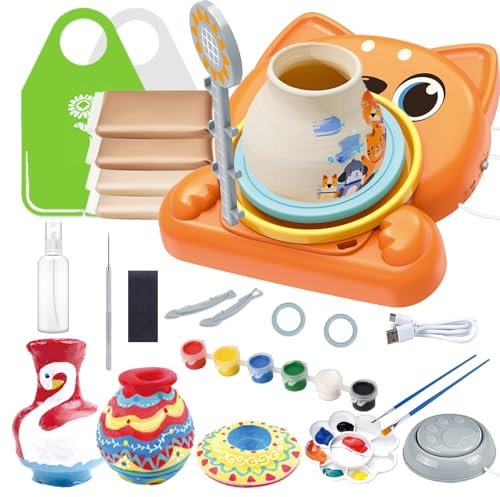 Aragallant Kit Ceramica Fai da Te per Bambini, Tornio Elettrico per Ceramica Pottery Kit con Argilla da Modellare Senza Cottura, Colore, Gioco Regali Creativo Bambini 8 Anni