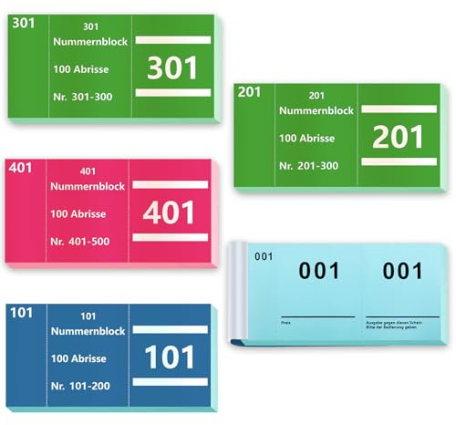 5 Büche Lose Tombola 1-500 Nummern Doppelnummern Tombola ticket Nummernblock Lose Tombola Nummeriert Abrisse Nummernblöcke Blau Grün Rosa