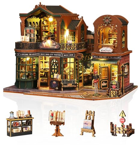 Cuteefun Maquette Maison Miniature pour Adulte à Construire, Maison de Poupée en Bois avec LED pour Adultes à Construire, Cadeaux Uniques pour Les Anniversaires, Noël (Cité Livre Crépuscule)
