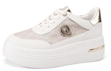 QUEEN HELENA Chaussures Hautes Femmes Sneakers Plateforme Légères Casual X32-4, Blanc et or., 38 EU