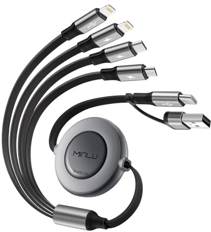 Minlu Retrattile Cavo di Ricarica 6 in 1, Multi Cavo di Ricarica [1,2m 4A], Caricatore USB Multiplo con 2 Lightning/Type-C/Micro-USB per Telefono 17 16 15 14 13 12/11/Xs/X/8/7/Galaxy/Pixel/LG/Tablet