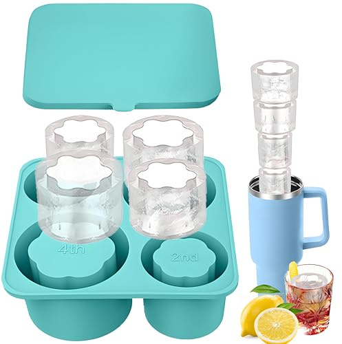 CUESVAP Stanley Cup Ice Mold, 4 Hollow Flowers Mould, Stanley Cup Accessories, Reusable Ice Cubes with Lid for 20, 30, 40 oz Cups, Silicone Ice Cube Tray, BPA Free (Blue)