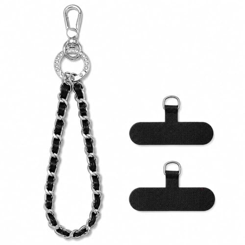 Nalefow Phone Wrist Strap with Metal Chain Phone Lanyard Wrist with 2 Tether Tabs Metal Leather Cellphone Charm Phone Chain (Silver)