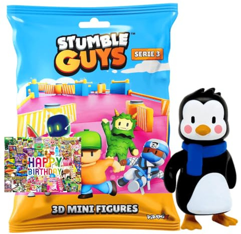 STRONCARD Bundle mit Stumble Guys 3D Sammelfiguren Serie 3 - Chrome Crystal - Figur 15. Willy Penguin + Exklusive Geburtstagskarte