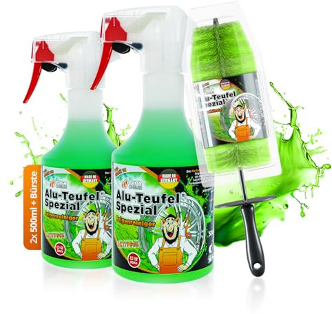 TUGA Alu-Teufel Spezial 2x 500 ml Felgenreiniger Aktiv-Gel grün für glänzende Alufelgen dank säurefreier Schmutzentfernung und original Felgenbürste - Made in Germany