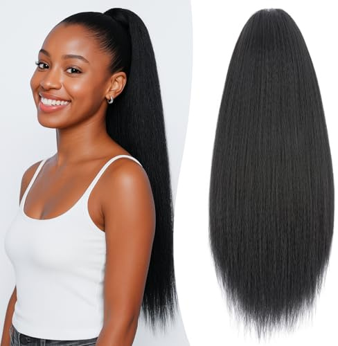 S-noilite Longue Queue de Cheval avec Cordon de Serrage Épais Kinky Yaki Droite Queue de Cheval Postiches 60CM Synthétique Clip dans Extension de Cheveux pour Femmes,Drawstring Ponytail,Noir foncé