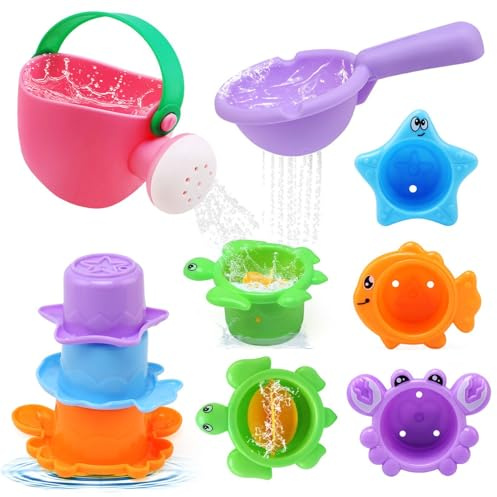 LinStyle Baby Bath Toys,Baby Bath Tub Swimming Pool Water Table Toys for Boys Girls Age 1 2 3,No Mould Watering Can Stacking Cups Kids Water Toys Fun Tactile Training Newborn Gifts (10)
