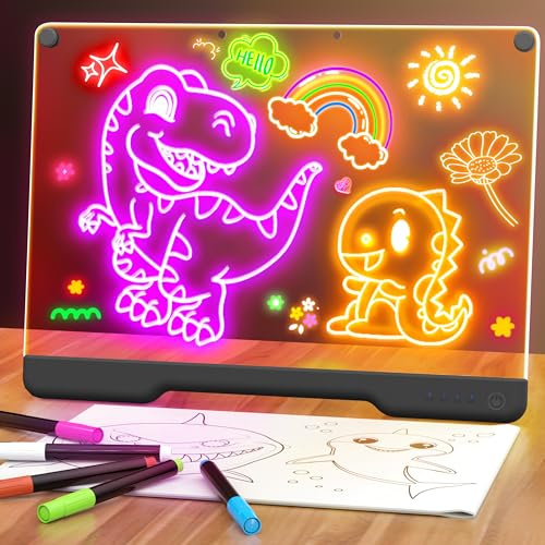 LED Note Board with 7 Color Light Modes, 16-Inch Rechargeable Neon Glow Art Dry Erase Light Up Drawing Pad with Built-in Stand for Kids, Sketching Gift Toy for Teens, 5 Markers, Black