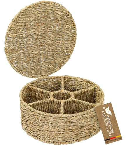 HMF Caja para Té de Algas Marina con 7 Compartimentos para Guardar Bolsitas de Té, Cesta de Almacenaje como Organizador para Cocina, Baño, Zona de Estar | 27 x 27 x 11 cm | Natural