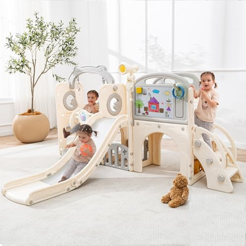 Toddler Slide Set 12 in 1, 84 Kids Swing and Slide playSet for Toddlers 1-3, Outdoor Indoor Playground with Climber, Basketball Hoop, Tunnel and Storage Space (White Grey)
