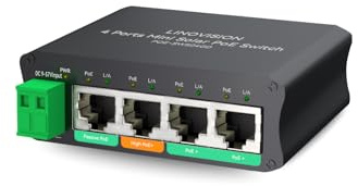LINOVISION 4 Ports Mini Solar PoE Switch works directly with DC12V or DC24V batteries, provide 2 PoE+ ports, 1 High PoE+ Port for big PTZ cameras and 1 Passive 24V PoE Port for Wireless Bridge