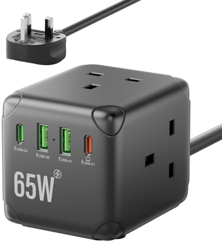 Cube Extension Lead with USB C PD65W, 3 Way Multi Plug Power Strip with 2 USB-A & 2 USB-C Ports, UK Extension Socket with Switch, 13A Fused Plug, 1.5M Extension Cable, Black