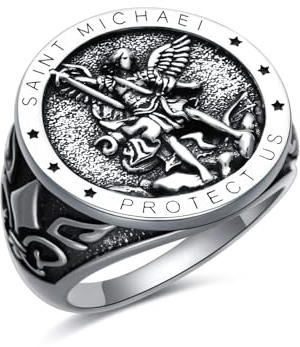Shusukue Anillo de San Miguel de plata de ley 925, arcángel San Miguel, amuleto del santo patrón, medallas, monedas de oración, anillo religioso cristiano para hombres, padre, marido, novio, 6, Plata