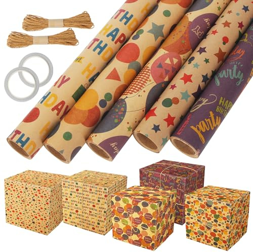 5 Rollen Geschenkpapier Geburtstag, 43cm x 3m Geschenkpapier Rolle,Geschenkpapier Kraftpapier mit 2 Hanfseil & 2 Klebeband,für Kindergeburtstag Hochzeit Babyparty Weihnachten (Type B)